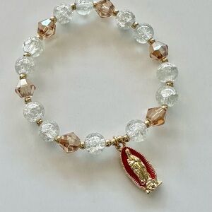 Clear Glass Beads With Virgin Mary Charm Stretch Faith Bracelet 1 OSFM Brand New
